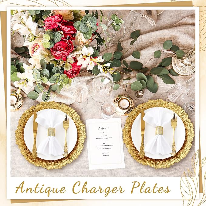 12 Pcs Charger Plates Bulk for Wedding Chargers 13" Reusable Round Serving Plate Table Chargers for Catering Family Party Restaurant Home Dinner Supplies (Reef, Gold)