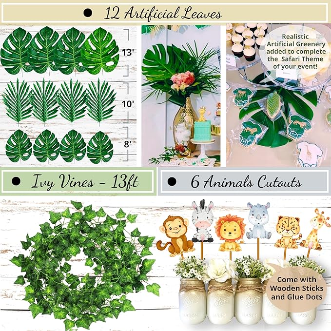 207 Pcs Safari Baby Shower Decorations for Boy Jungle Theme Baby Shower Decor - Banner, Animal Cutouts, Balloons, Paper Decorations, Guest Book, Leaves, Games, Sash