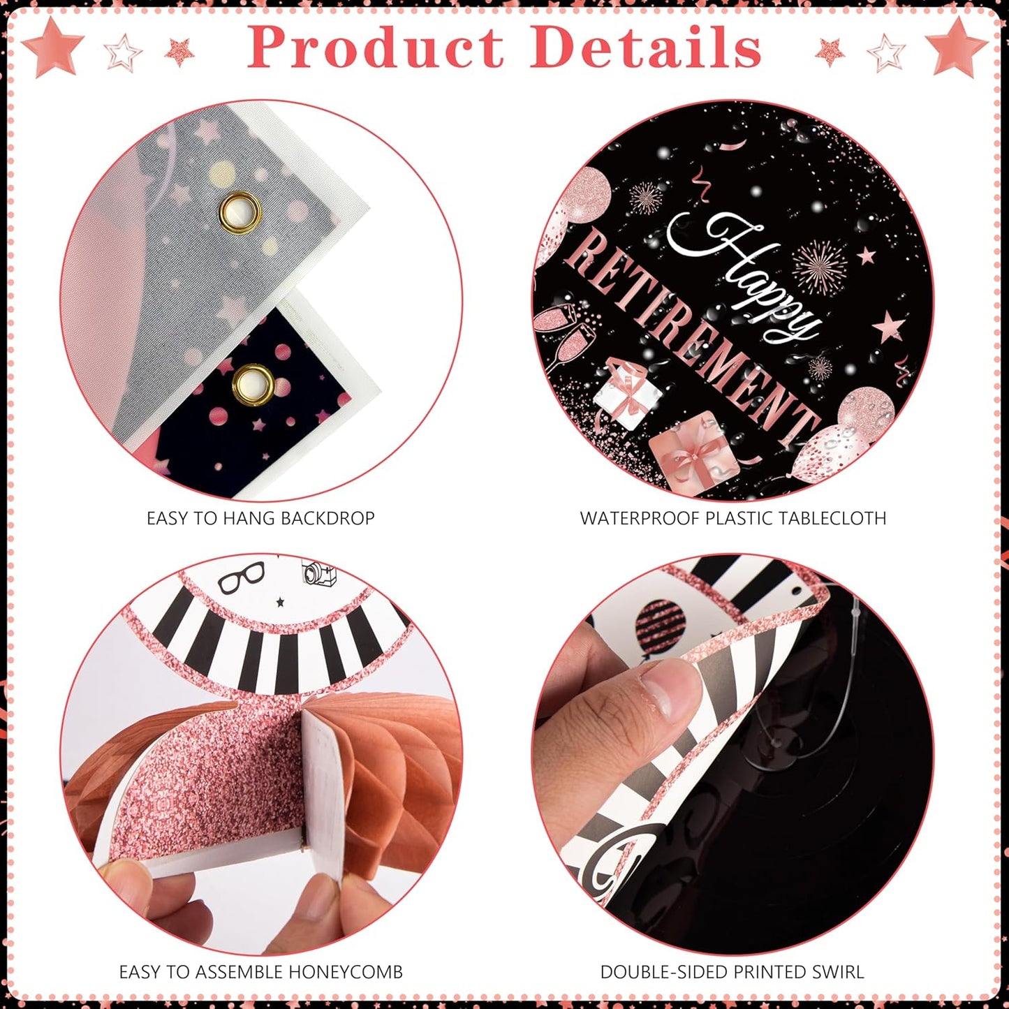 Retirement Party Decorations for Women 109Pcs Rose Gold Black Happy Retirement Decorations Retired Banner Backdrop Balloons Sash Hanging Swirls Pompoms Tablecloth Honeycomb Centerpiece(Rose Gold)