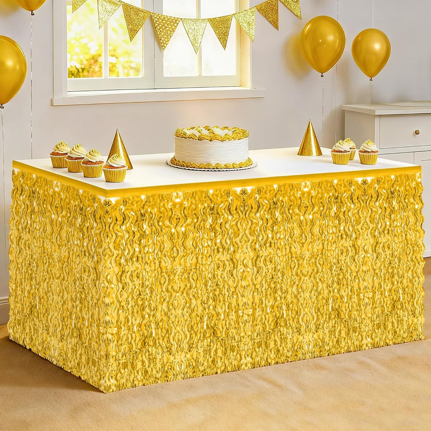 Table Skirt, 2 Pack Gold Foil Grass Table Skirt, New Years Metallic Wavy Tinsel Foil Fringe Table Skirts, Table Skirts for Irish Holiday Mardi Gras Graduations New Years Birthday Party Decor