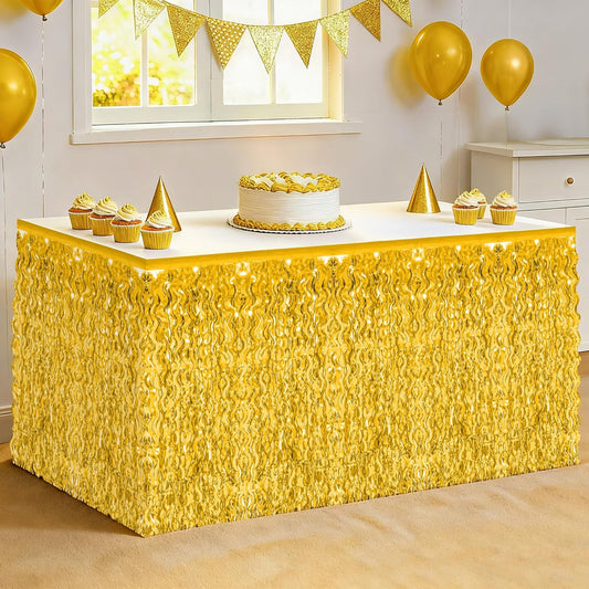 Table Skirt, 2 Pack Gold Foil Grass Table Skirt, New Years Metallic Wavy Tinsel Foil Fringe Table Skirts, Table Skirts for Irish Holiday Mardi Gras Graduations New Years Birthday Party Decor