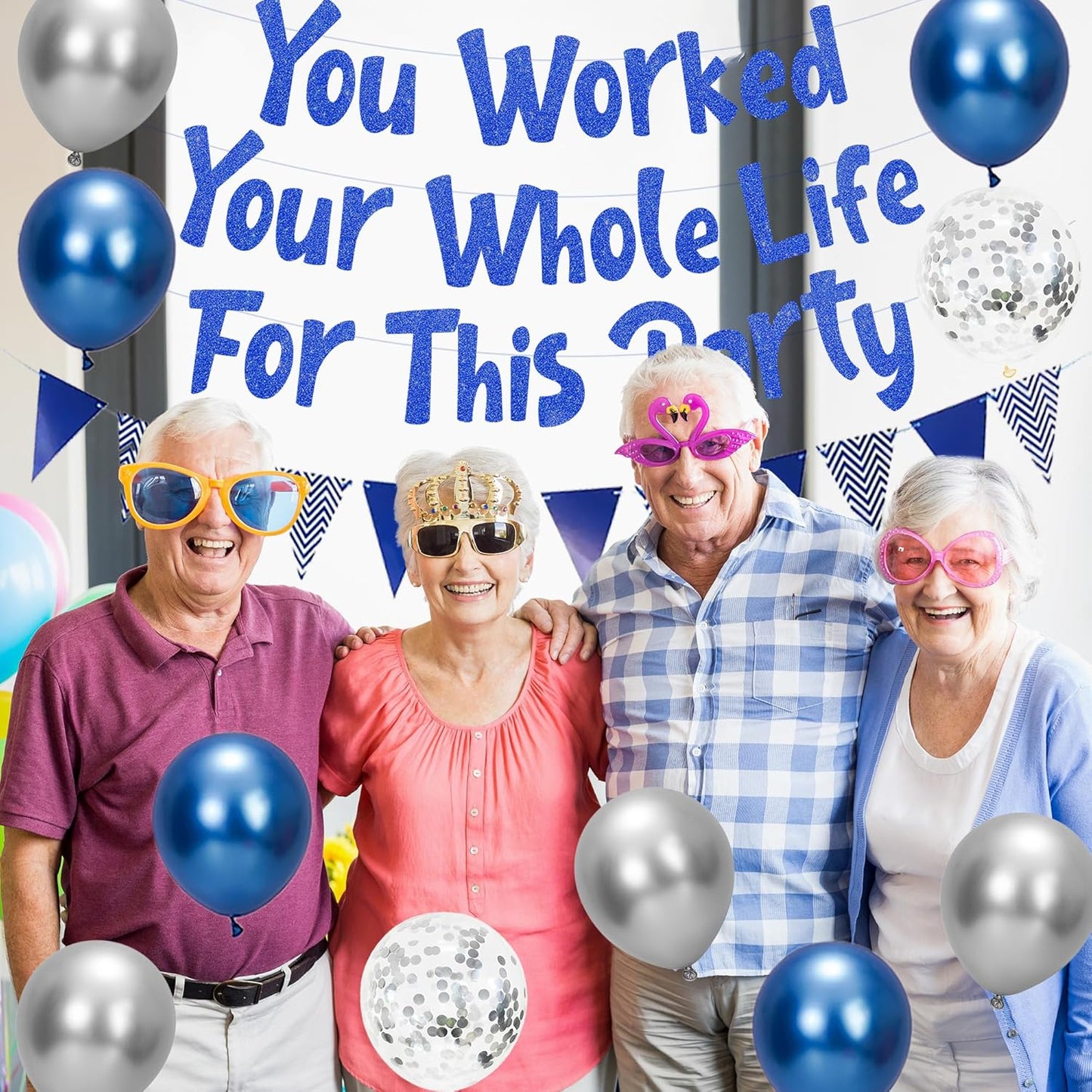Holkcog You Worked Your Whole Life for This Party Blue Silver Glitter Banner, Funny Retirement Decorations Supplies Gifts, Blue and Silver Glitter Perfect for Office Coworker Goodbye Party Decor