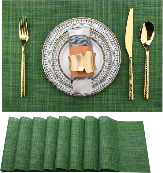SLKQG Green Placemats Set of 8 - Wipe Clean Vinyl Placemats - Washable Heat Resistant PVC Placemats for Dining Table - 17x12 Inch (Green, 8)
