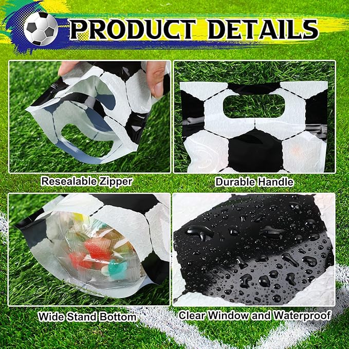 Blosssound 50 Pcs Sport Plastic Bags Clear Soccer Sealed Pouches with Handles Resealable Soccer Party Favor Bags for Sports Theme Birthday Party Candy Gift Wrap Supplies Decoration