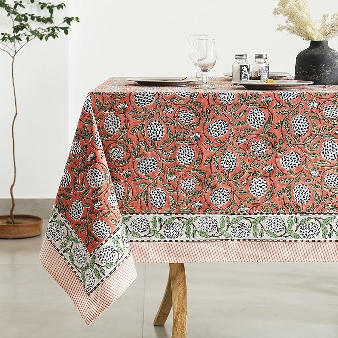 Labhanshi Indian Block Print Table Cloth|Washable Cotton Floral 72x135 Inch Rectangle 10-Seater Rustic FarmHouse Spring Easter Table Top Dining Cloth|Baby Shower Birthday Party Decor |Dark Salmon Pink