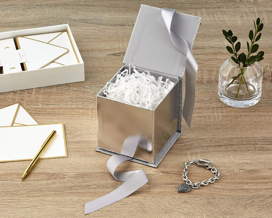 Hallmark Small Gift Box with Bow and Shredded Paper Fill (Silver Signature 4 inch Gift Box with Glitter) for Weddings, Graduations, Bridal Showers, Anniversaries, All Occasion