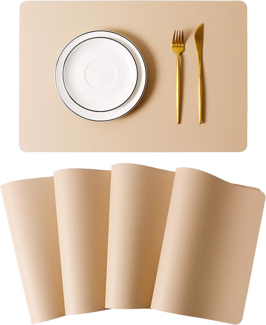 Wipeable Placemats Leather Table Mats Waterproof Heat-Resistant Easy to Clean for Dining Table Set Kitchen Table (4, Buff)