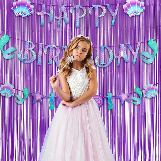 Purple Tinsel Fringe Party Backdrop - GREATRIL Party Streamers for Lavender/Mermaid/Butterfly/Fairy Birthdays Party Decorations - 3.2ft X 8.2ft - 2 Packs
