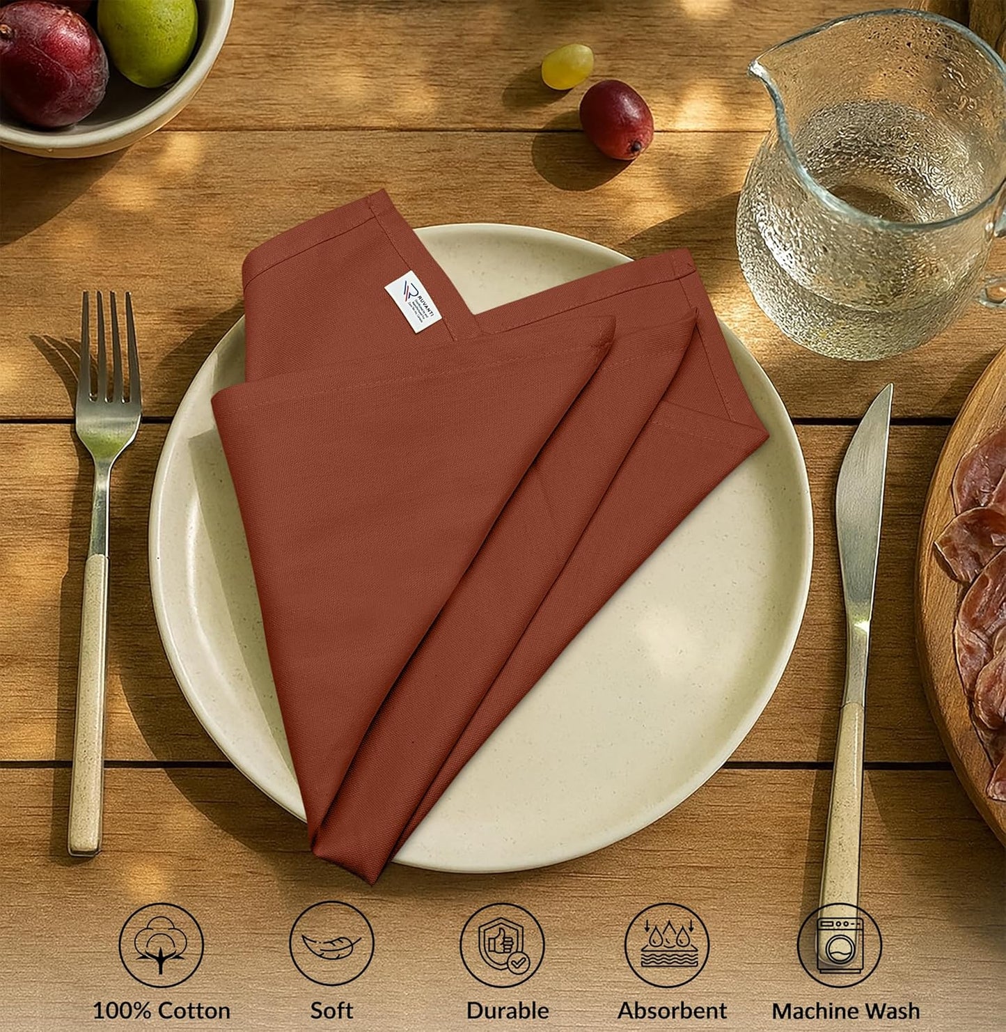 Ruvanti Premium Cloth Napkins Set of 12, 18x18 Inches, 100% Cotton, Washable, Soft & Absorbent, Perfect for Wedding, Christmas, ‎Thanksgiving Dinners - Rust