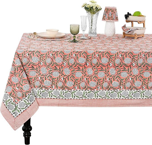Ridhi Hand Block Print Dark Salmon Pink Rectangle Cotton Tablecloth 190" x 72" Reusable Table Cover Decorative Everyday Use for Dining, Farmhouse, Home Gift for Spring, Easter, Valentine