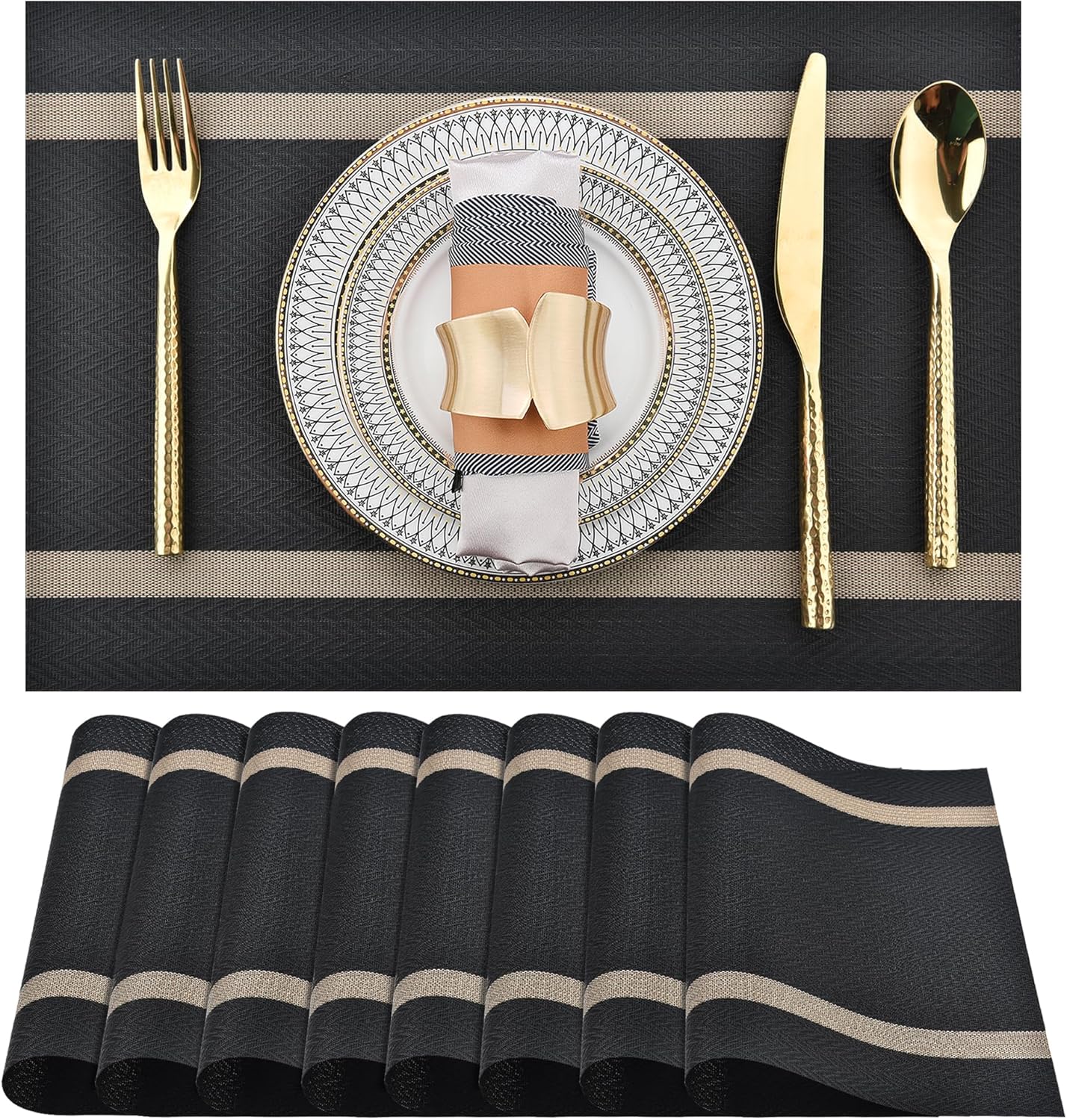 SLKQG Black Placemats Set of 8 - Easy Clean Modern Durable Washable Vinyl Place Mats - Heat Resistant Placemats for Kitchen Table - PVC Table Mats for Dining Table (Black with Stripes, 8)