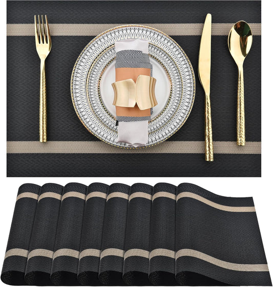 SLKQG Black Placemats Set of 8 - Easy Clean Modern Durable Washable Vinyl Place Mats - Heat Resistant Placemats for Kitchen Table - PVC Table Mats for Dining Table (Black with Stripes, 8)