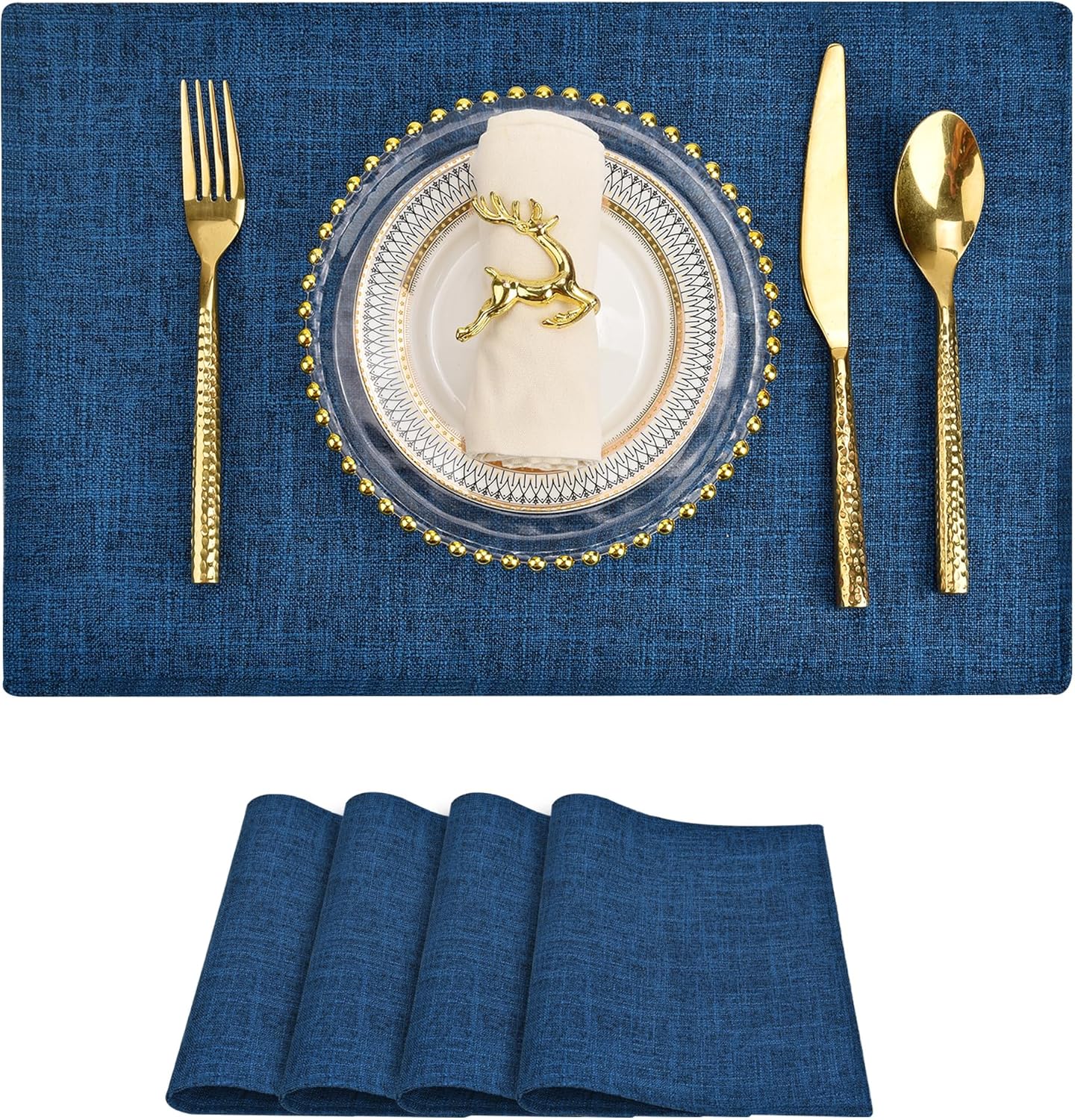 SLKQG Navy Linen-Look Fabric Placemats Set of 4, Heat Resistant & Machine Washable Double-Layered Cloth Placemats for Dining Table, Indoor/Outdoor Use, Non-Slip Kitchen Table Mats (4, Navy)