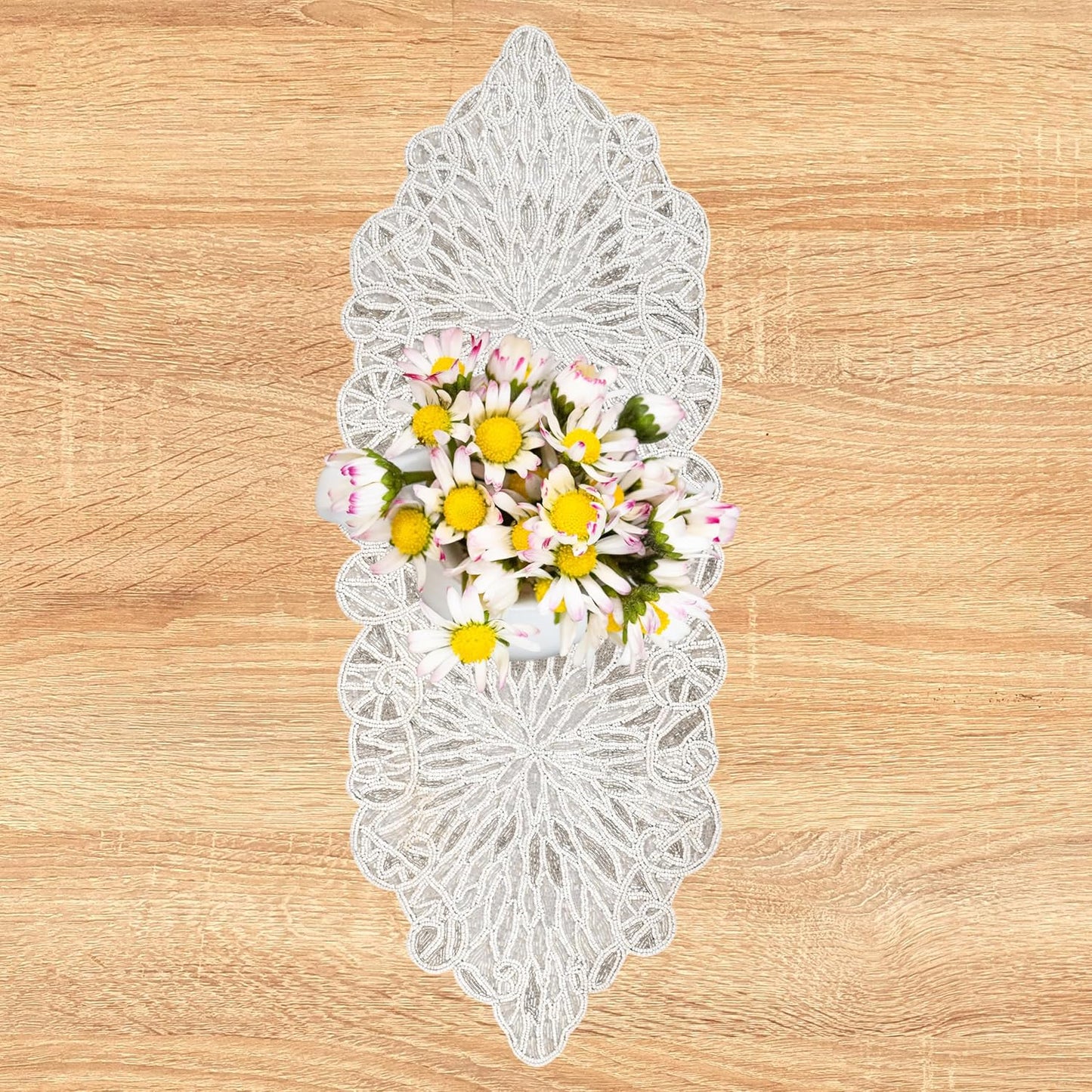 Beaded Table Runner - Elegant Indoor/Outdoor Decor for Weddings, Holidays, Gatherings, Parties, Dining & Special Occasions, Festive Home Decor (White Silver) - CLEENTABLE