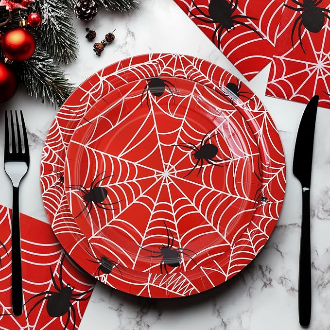 75pcs Spider Party Supplies, 25 Guest Disposable Red Paper Plates & Napkins, Tableware Decorations Favors, Including 9" & 7" Plates & Napkins for Halloween, Birthday, Parties, and Everyday Use