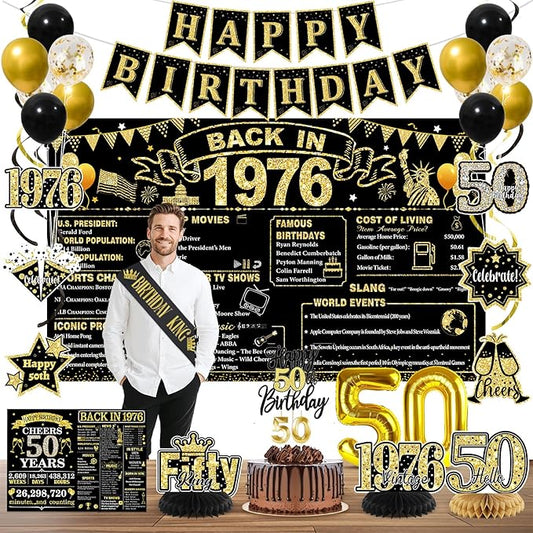50th Birthday Decorations for Men, Black Gold Back in 1976 Party Supplies with Banner, Backdrop, Sash, Balloons, Cake Topper, Honeycomb Decorations, Happy 50 Year Old Birthday Decor Kit