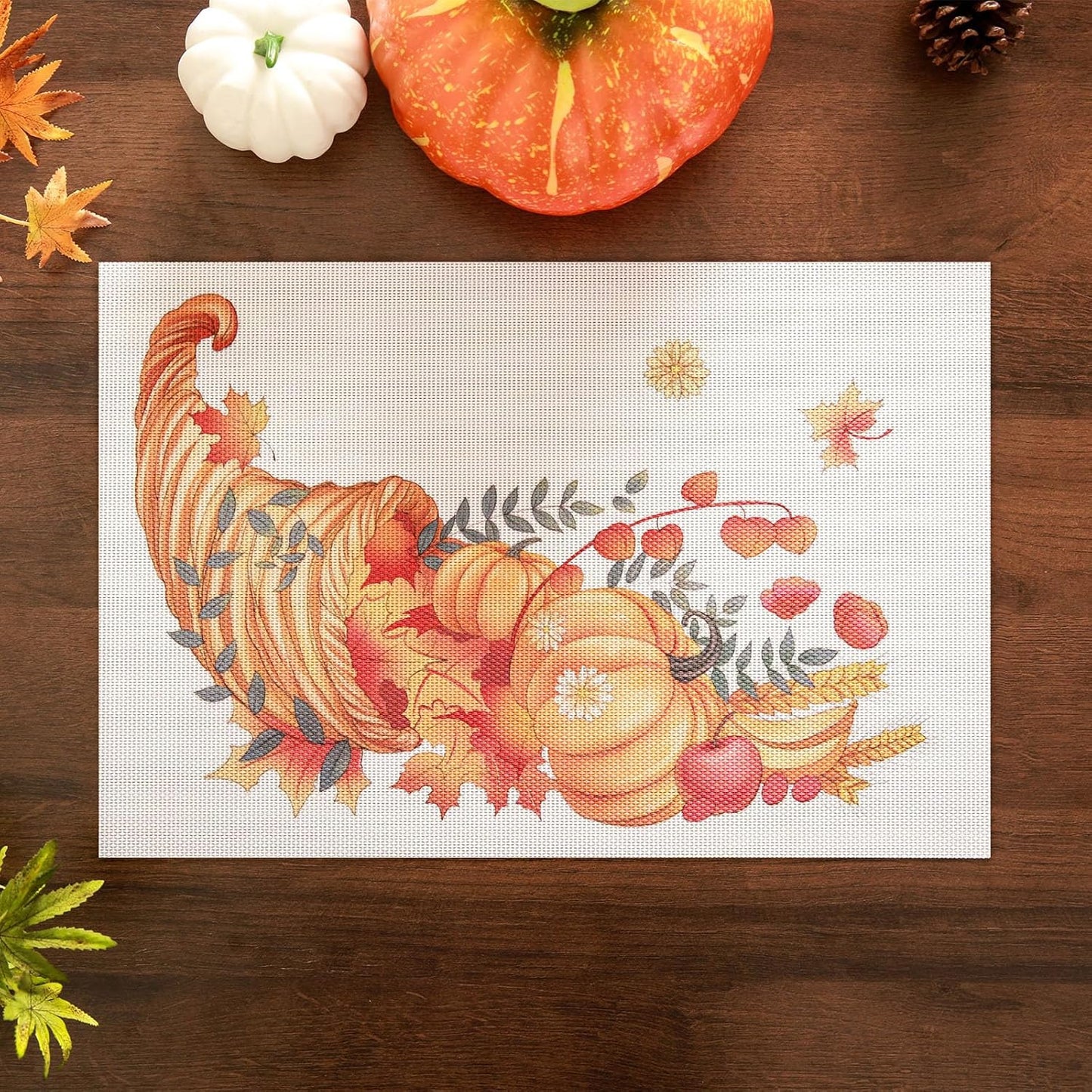 Thanksgiving Placemats Set of 4 Fall Place Mats Pumpkin Maple Leaves Table Mats Washable Non-Slip Heatproof Woven Placemats for Dining Table (17.7" X 11.8")