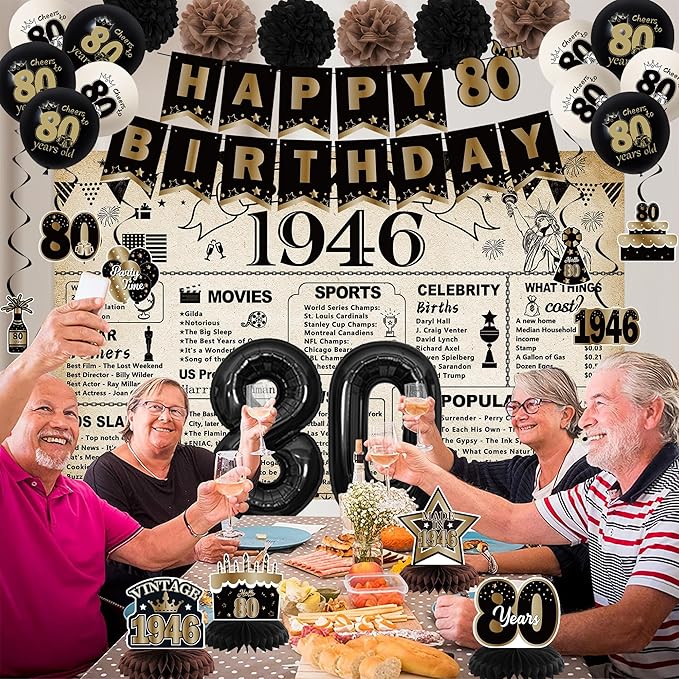 DARUNAXY 80th Birthday Party Decorations for Men Women, Vintage Back in 1946 Banner, Black 80 Number Balloons & Cake Topper, Vintage 1946 80 Birthday Honeycomb Hanging Swirl Confetti Balloons(30PC)