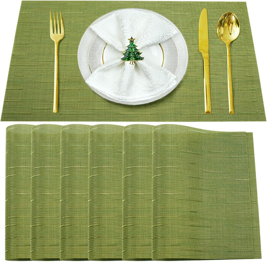 Placemats Set of 6,Washable,Heat and Stain Resistant Indoor/Outdoor Place mats,Vinyl Woven Non Slip Table Mats for Restaurant Table Protection,PVC Placemats(Green,6PCS)