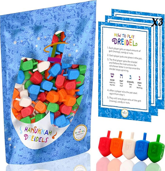25-Pack Hanukkah Dreidels Multicolor Plastic Chanuka Draydels with English Transliteration, Includes Dreidel Game Instruction Cards 25-Pack