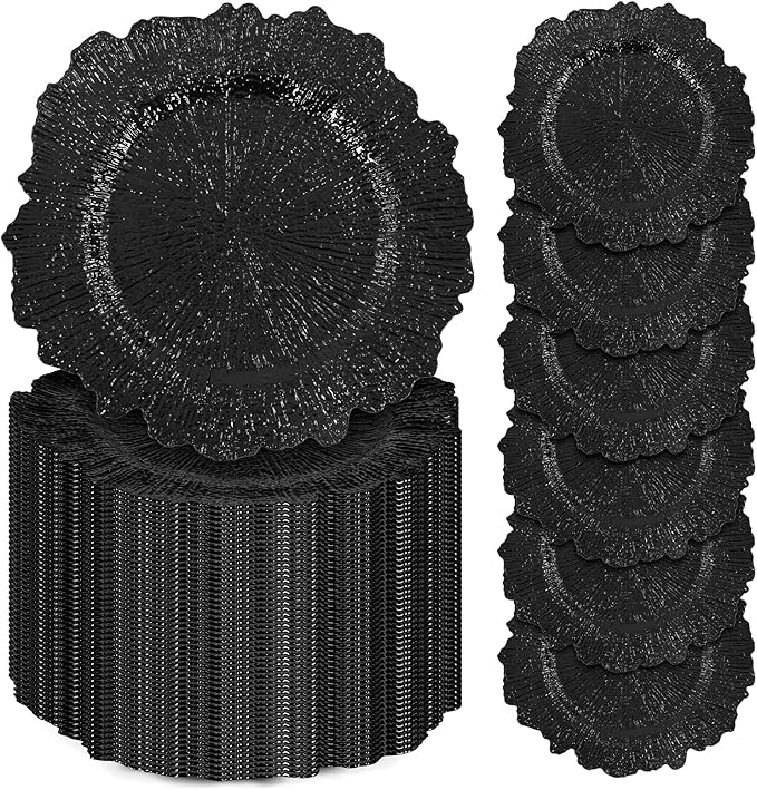 100 Pcs Black Charger Plates Bulk, 13" Reef Plate Chargers for Dinner, Plastic Floral Decorative Plates for Table Setting, Round Table Chargers for Wedding, Christmas, Party, Event, Decoration