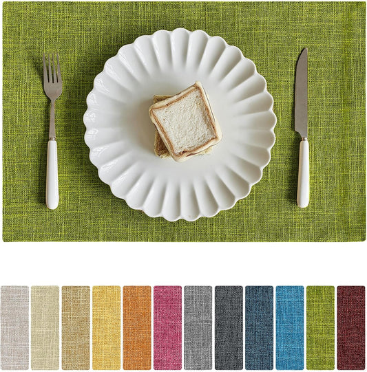 Softalker Faux Linen Placemats Set of 4-12 x 18 Inch, Heat Resistant Double Layered Durable Burlap Farmhouse Place Mats, Non-Slip Washable Rustic Table Mats for Dining, Kitchen, Party（Lime Green