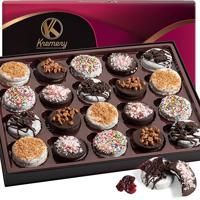 KREMERY Creamy Chocolate Cravings - Halloween Treats For Adults Chocolate Covered Sandwich Cookies & Cream Gift Basket, in Elegant Gift Box (20 Cookies, Assorted Sweet Toppings) Holiday Xmas Christmas