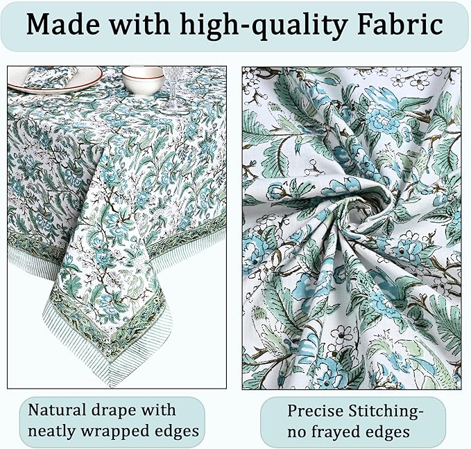 Ridhi Hand Block Print Sage Russian Green Rectangle Cotton Tablecloth 160" x 72" Reusable Table Cover Decorative Everyday Use for Dining, Farmhouse, Home Gift for Spring, Easter, Valentine