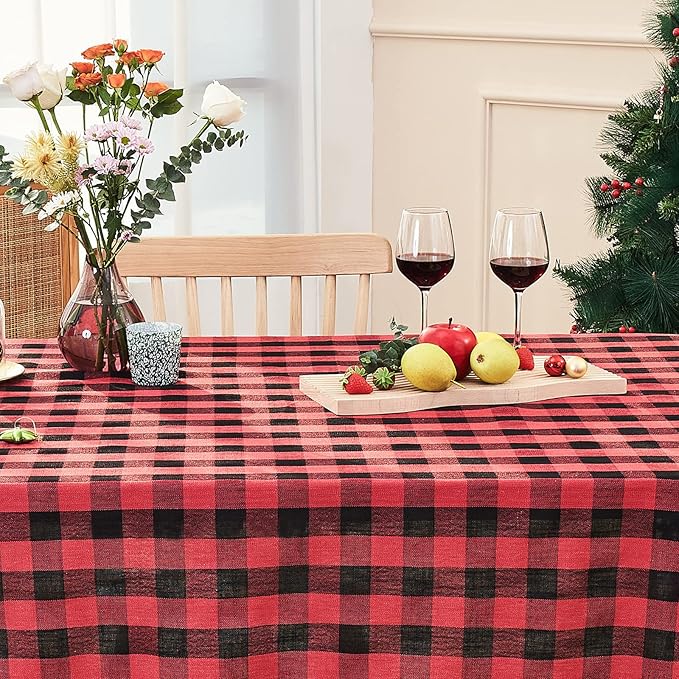 Christmas Tablecloth Buffalo Plaid Tablecloths-Cotton Gingham Table Cloth for Kitchen Restaurant Farmhouse Holiday Decor (Rectangle/Oblong, 55x70,Red and Black)