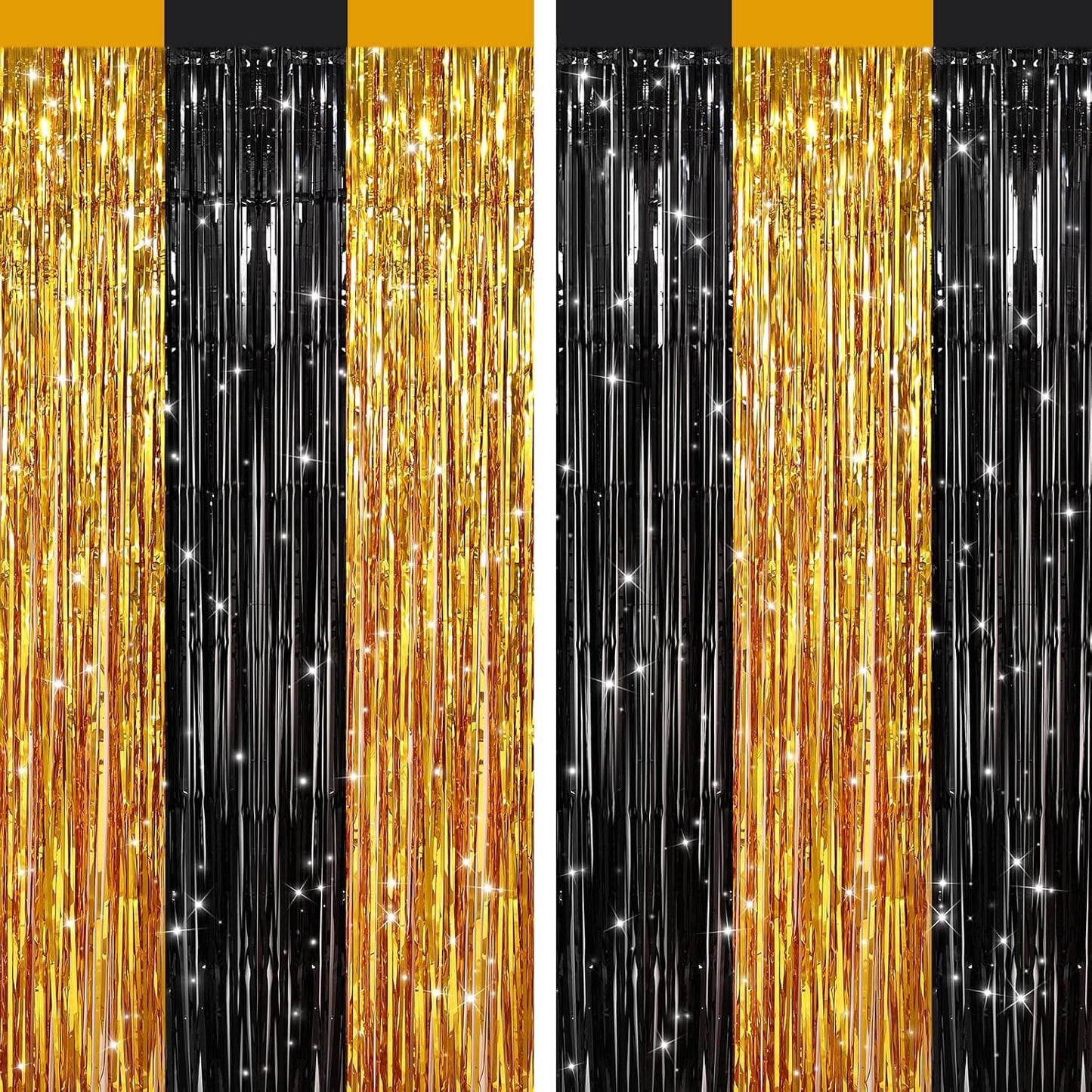 2 Pack Black Gold Metallic Tinsel Foil Fringe Curtains, Door Streamers Photo Booth Backdrop for Birthday Party, Tinsel Curtain Backdrop for Baby Shower Bachelorette Christmas Party Decorations