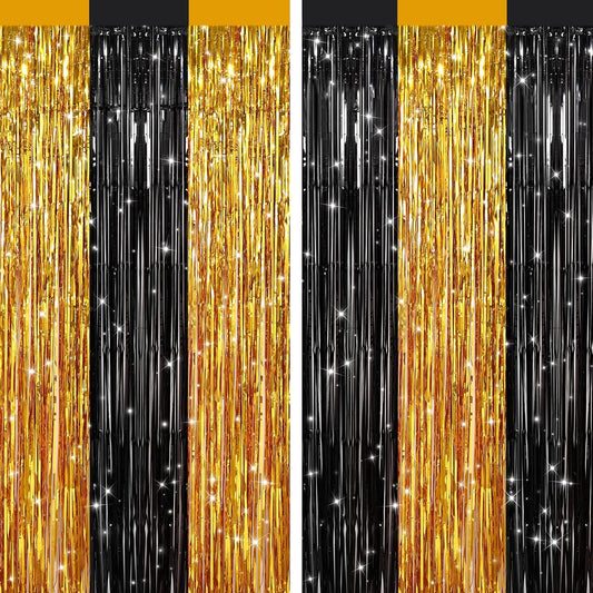 2 Pack Black Gold Metallic Tinsel Foil Fringe Curtains, Door Streamers Photo Booth Backdrop for Birthday Party, Tinsel Curtain Backdrop for Baby Shower Bachelorette Christmas Party Decorations