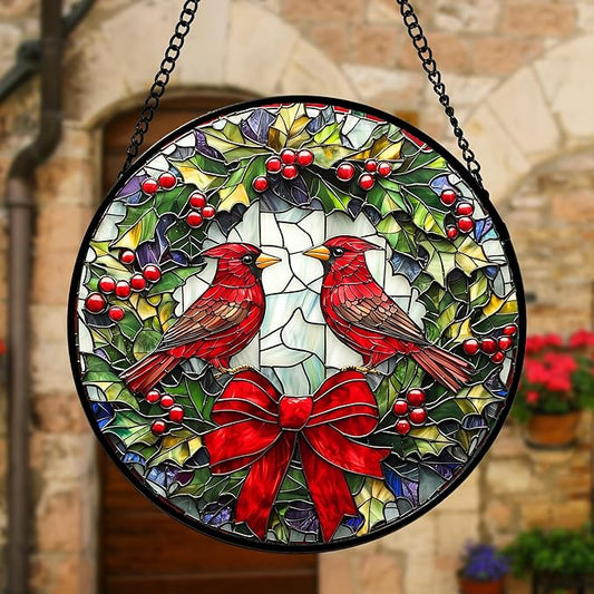Stained Glass Window Hanging - Cardinals Green Wreath Suncatcher for Doors Home Christmas Decoration Red Bird Sun Catcher Thanksgiving New Year Birthday Gift for Women Men Mom Nana 11.8 in