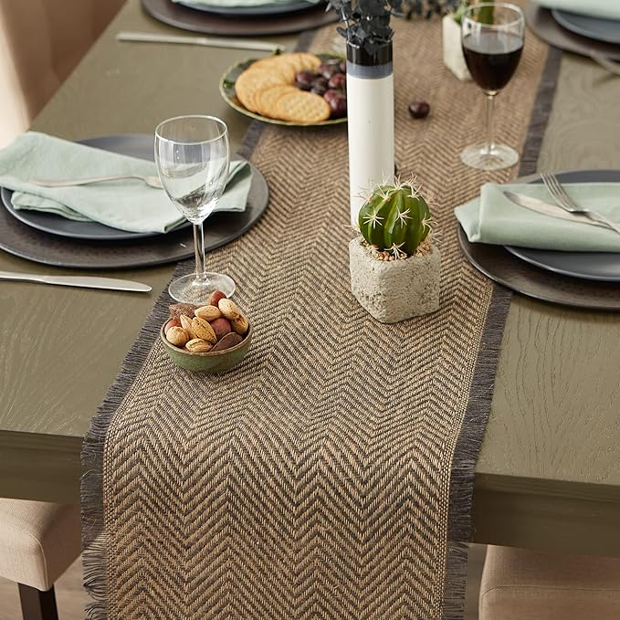 DII Jute Burlap Collection Kitchen Tabletop, Table Runner, 14x72, Chevron Gray
