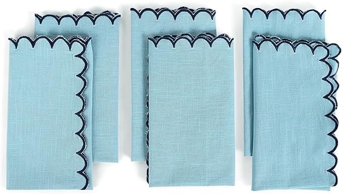 FINGERCRAFT Cloth Napkins, Everyday Use Scallop Design, Premium Quality Cotton Napkin Set of 6 Perfect for Parties Dinners Weddings Easter Napkin Cloth 20x20 inch Aqua/Navy