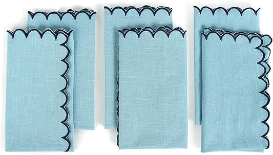 FINGERCRAFT Cloth Napkins, Everyday Use Scallop Design, Premium Quality Cotton Napkin Set of 6 Perfect for Parties Dinners Weddings Easter Napkin Cloth 20x20 inch Aqua/Navy