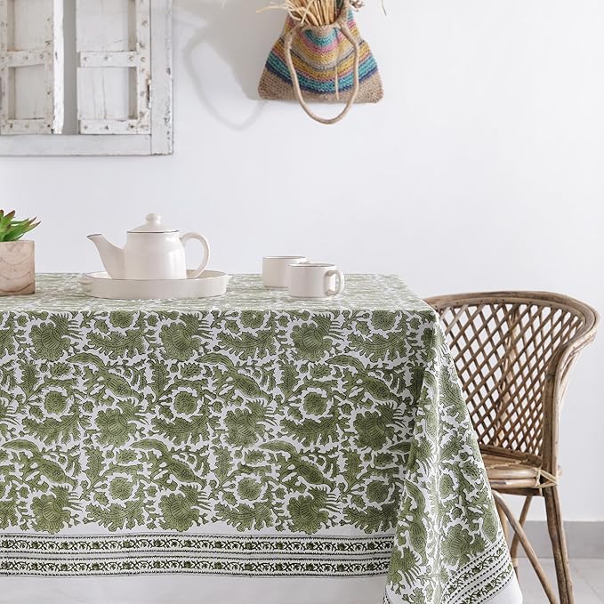 Labhanshi Indian Handblock Print Floral Cotton Table Cloth|Rectangle 60x90 Inch 6-Seater Kitchen Dining Table Cloth| Wedding Festive Holiday Picnic Party Decorative Table Cover|Moss Green Bird