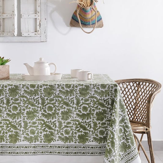 Labhanshi Indian Handblock Print Floral Cotton Rectangle 72x135 Inch 10-Seater Dining Tablecloth|Washable Fade-Resistant Picnic Outdoor Camping Festive Holiday Fall Table Cover|Moss Green Bird