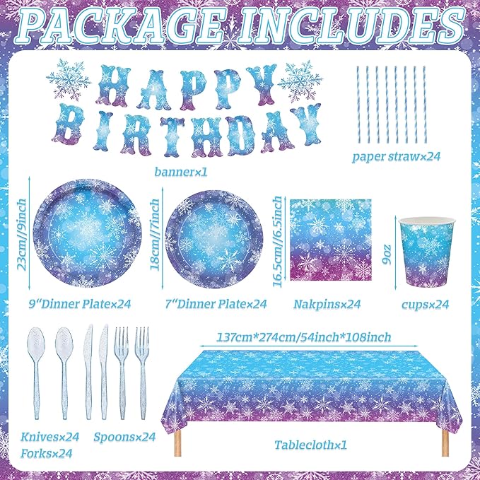 Winter Snowflake Paper Plates and Napkins Set, 194 Pcs Frozen Birthday Decorations Party Supplies, Winter Wonderland Disposable Tableware Includes Tablecloths, Banner, Cups and Cutlery, Serves 24