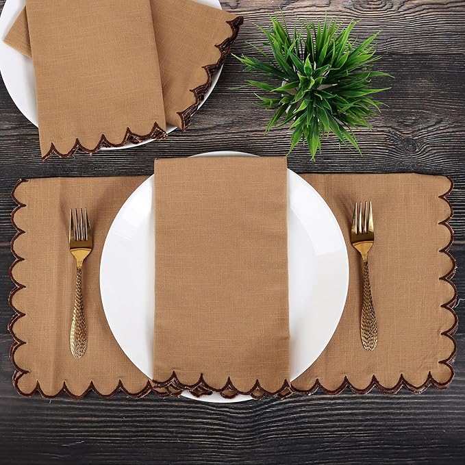 FINGERCRAFT Cloth Napkins, Everyday Use Scallop Design, Premium Quality Natural Cotton Napkin Set of 6 Perfect for Parties Dinners Weddings Easter Napkin Cloth 20x20 inch Brown/Chocolate