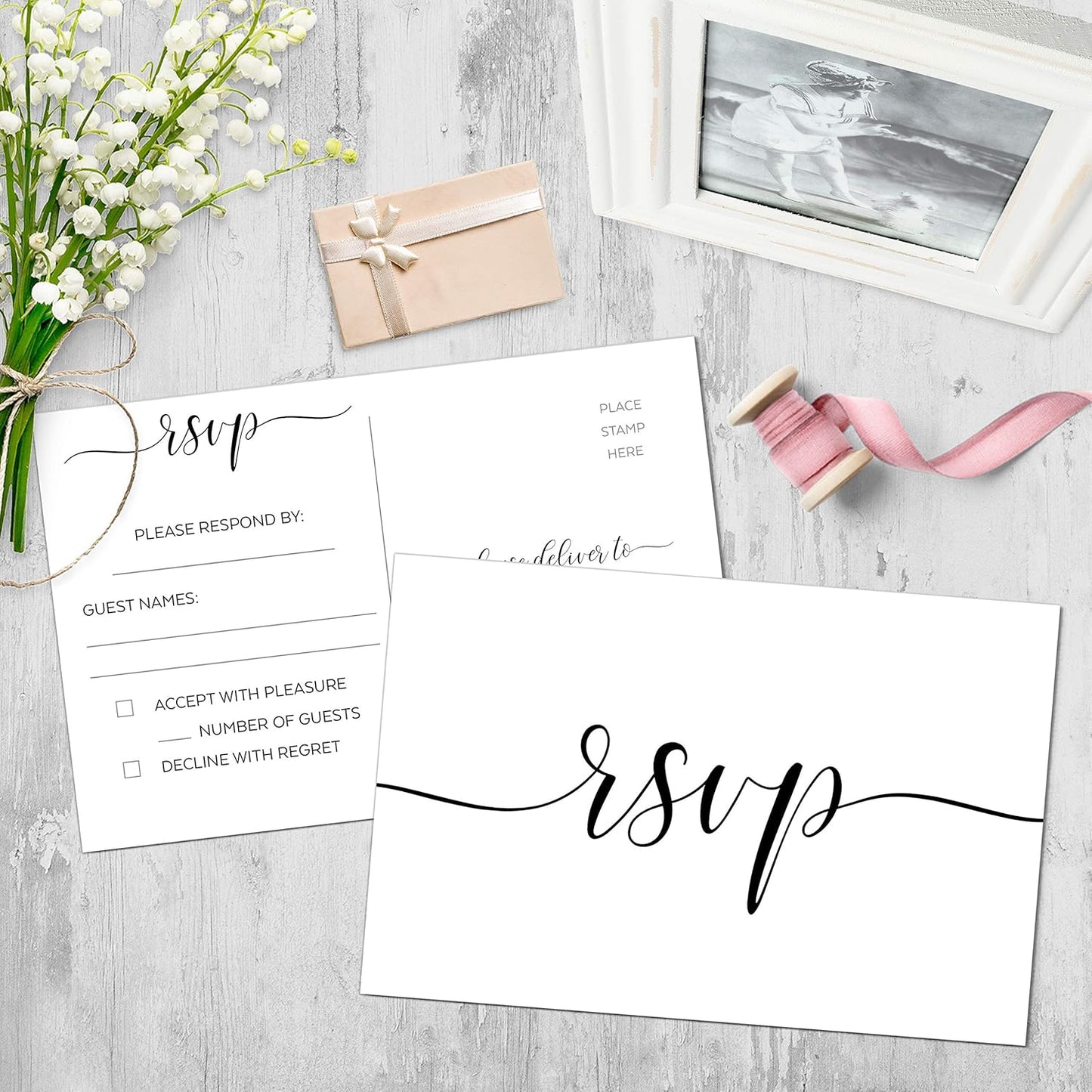 321Done RSVP Postcards 4x6 White (50 Cards) Made in USA, Blank with Mailing Side, Response Cards for Wedding, Bridal Shower, Anniversary Party, Luxury Cardstock, Calligraphy Script Design