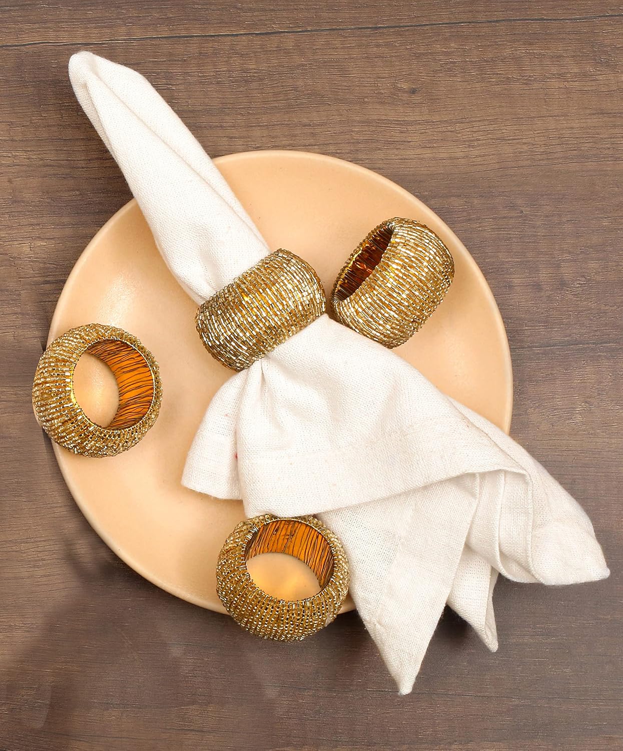 Goroly Home Beaded Napkin Rings Set of 4, Hand Made Round Beaded Napkin Rings Perfect for Christmas, Thanksgiving, Family Gatherings - A Beautiful Complements to Your Dinner Table Décor - Gold