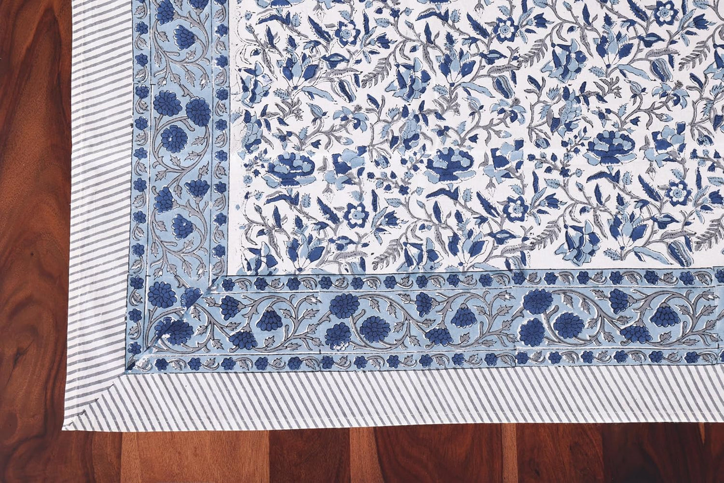 ATOSII Jodhpur Blue 100% Cotton Fall Tablecloth, Handblock Floral Print Rectangle Linen for Kitchen Dining I Parties Wedding Outdoors Holidays I Spring Summer 72 X 120 Inches I 10 Seater Table