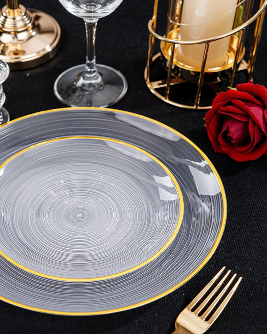 Morejoy 100Pcs Clear Plastic Plates,Clear Disposable Plates With Gold Rim,Heavy-duty Gold Plate, Modern swirl design Plate Include 50Clear Dessert-Platos,50Dinner-Platos for Party&Thanksgiving
