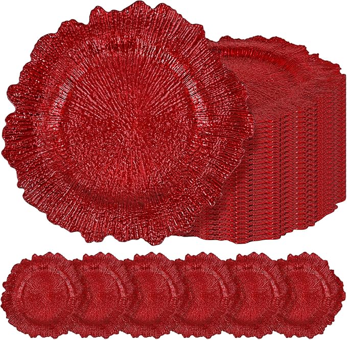 Teruntrue 24 Pcs Red Charger Plates Bulk 13 Inch Plastic Charger Plates for Dinner Plate, Red Chargers for Table Setting, Reef Design Plate Floral Decorative Round Chargers for Wedding Party, Event