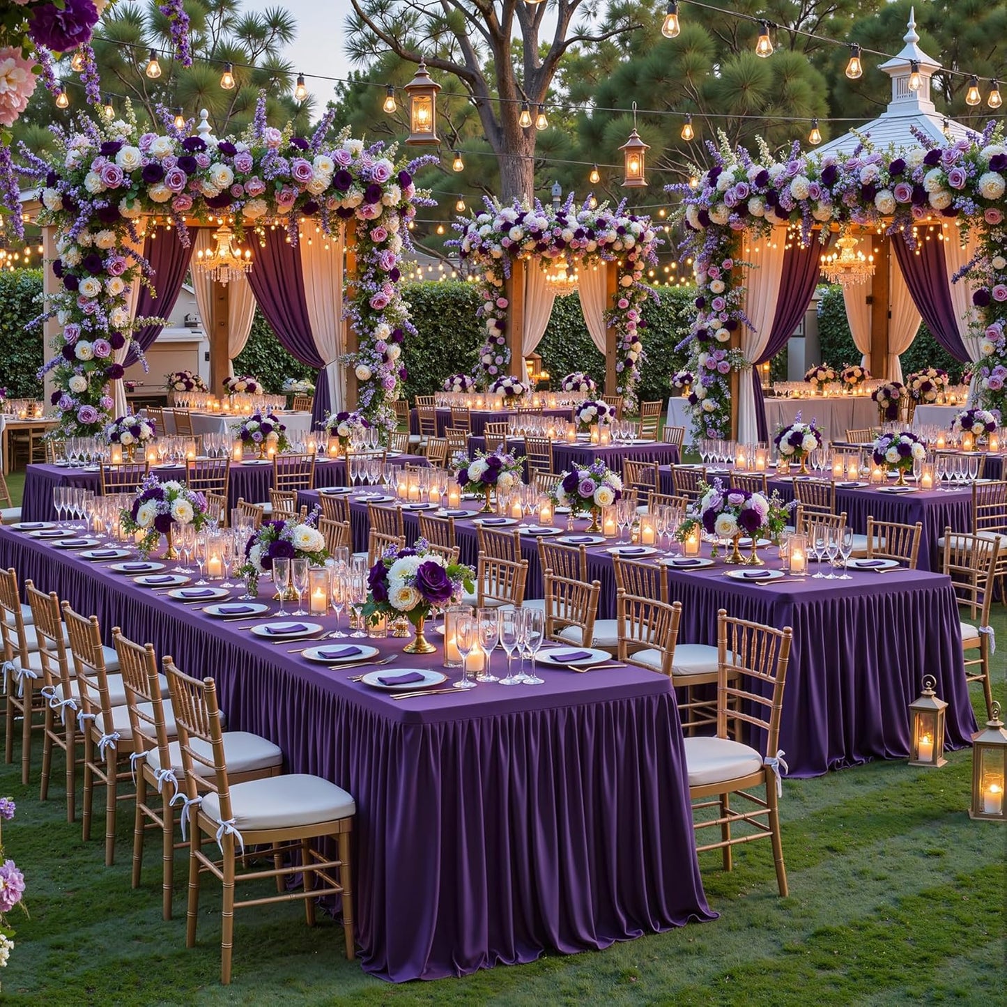 Dark Purple Polyester Table Clothes for 8 Foot Rectangle Tables, Wrinkle Free Fitted Table Cover with Pleated Ruffle Table Skirt for Birthday Party Wedding Trade Show Event Display