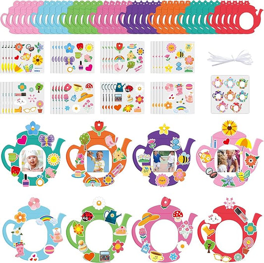3sscha 40 Packs Tea Pot Shaped Craft Kit for Kids - Make Your Own Spring Flower Card DIY Picture Frame Self-Adhesive Sticker Handmade Artwork Decor Mother's Day Home Classroom Activity Party Favor