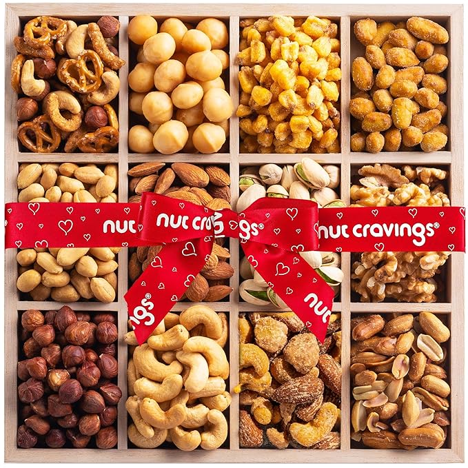 NUT CRAVINGS - Halloween Treats For Adults Mixed Nuts Gift Basket in Reusable Wooden Tray + Heart Ribbon (12 Assortments) Holiday Xmas Christmas Food Arrangement, Healthy Snack Care Package
