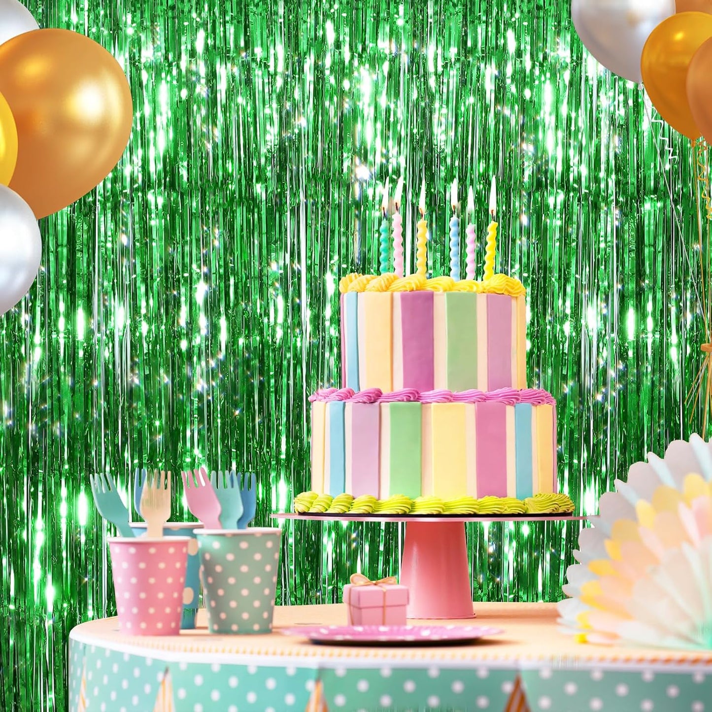 2 Pack Green Metallic Tinsel Foil Fringe Curtains, Door Streamers Photo Booth Backdrop for Birthday Party, Tinsel Curtain Backdrop for Baby Shower Bachelorette Christmas Party Decorations