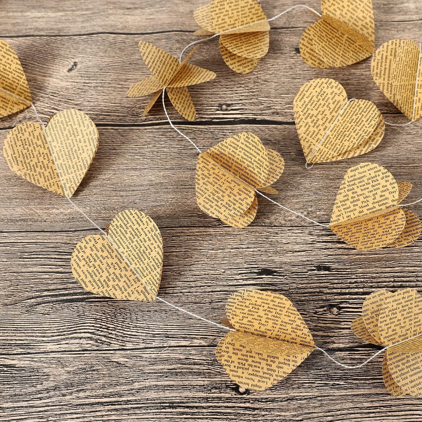 4 Pack 3D Heart Garland Vintage Pages Recycled Book Garland Newspaper Bunting Party Nursery Strand String Banner Wedding Holiday Christmas Decorate (Vintage Heart)