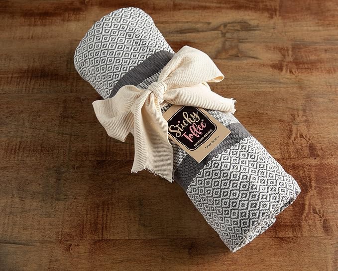 Sticky Toffee Cotton Table Runner, 14 x 72 Inch, Gray Woven Farmhouse Boho Striped Table Décor for Kitchen or Dining